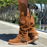 Women‘s Boho Fringe Flat Heel Long Boots Buckle Strap Knee-High Tassel Boots