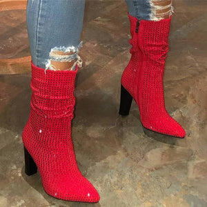 Stylish Blingbling Rhinestones Pointed Toe Zipper High Heel Boots