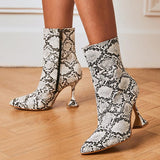 Snake Printed Side Zipper Wine Glasses Heel Ankle Boots