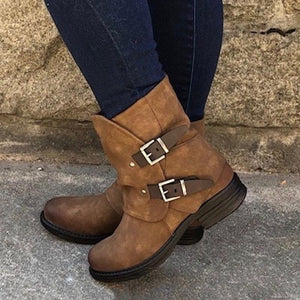 Women's Trendy Vintage Leather Booties Ankle Boots With Double Buckle