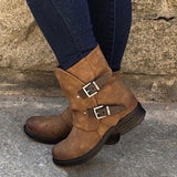 Women's Trendy Vintage Leather Booties Ankle Boots With Double Buckle