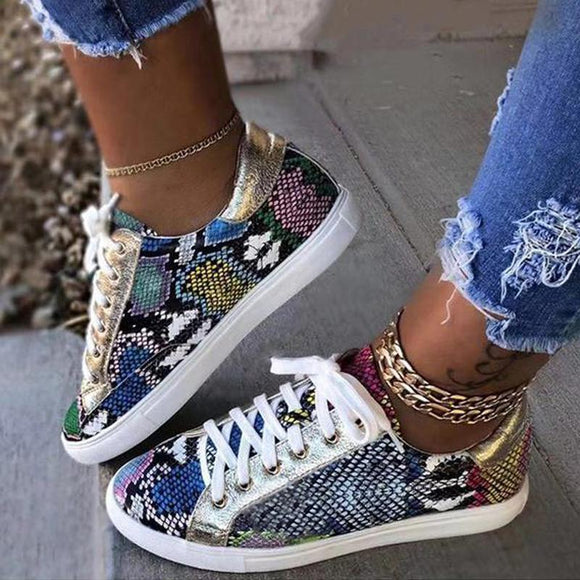 Fashion Lace-up Snake Print Sneakers
