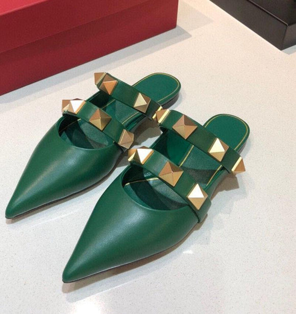 Pointed Rivet Sheepskin Flat Slippers Women's