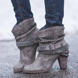 Rhinestone Rivet Belt Buckle Chunky Heel Women Boots