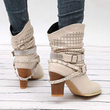 Rhinestone Rivet Belt Buckle Chunky Heel Women Boots