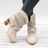 Rhinestone Rivet Belt Buckle Chunky Heel Women Boots
