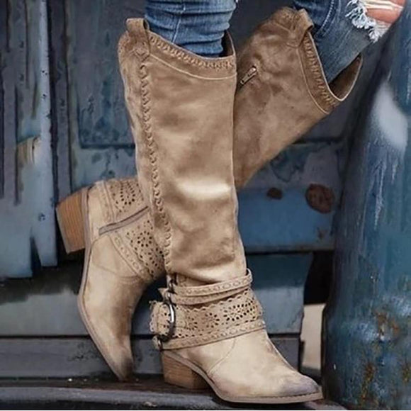 Women’s Vintage Western Woven Hollow Craft Multicolor Boots