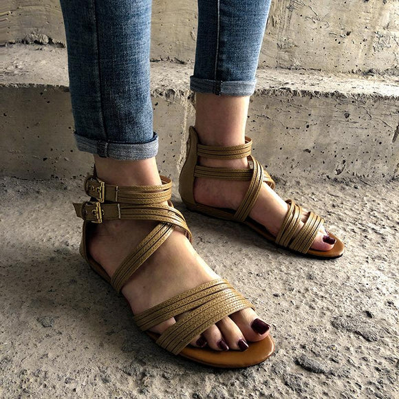 Roma Flat Wedge Heel Woven Buckle Back Zip Sandals