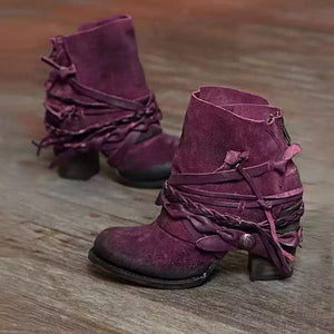 Women's Retro Round Toe Back Zipper Comfortable High Heel Ankle Boots
