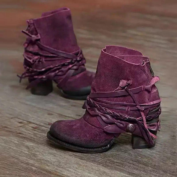 Women's Retro Round Toe Back Zipper Comfortable High Heel Ankle Boots
