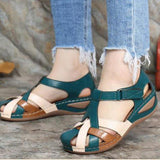 Retro Round Toe Wedge Roman Cross Buckle Women's Sandals