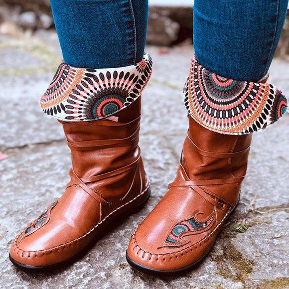 Women's Leather Embroidery Lace-up Boots