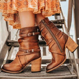 Women's Retro Solid Color Chunky Heel Boots