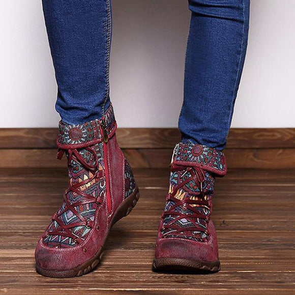 Women's Retro Printed Zipper Bandage Boots