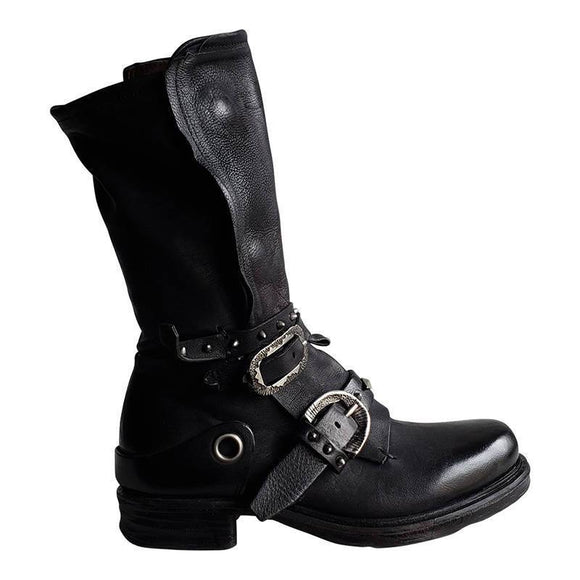 Women Individuality Lace Up Rivet Strap Buckle Zipper Chunky Heel Mid-calf Boots