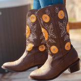 Flower Print Pointed Toe PU Chunky Heel Boots