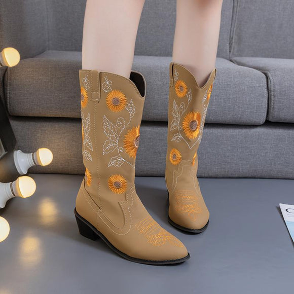 Flower Print Pointed Toe PU Chunky Heel Boots