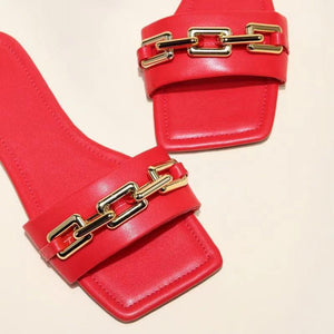 Women's Flat Sandals With Gold Chain Decoration