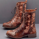 Retro Flowers Embroidered Leather Boots