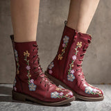 Retro Flowers Embroidered Leather Boots