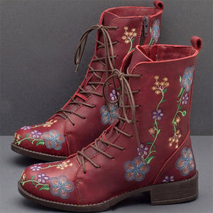 Retro Flowers Embroidered Leather Boots