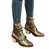 Women's Snake Printed Chunky Heel Leather Boots