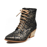 Women's Snake Printed Chunky Heel Leather Boots