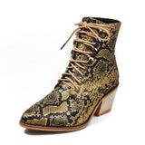 Women's Snake Printed Chunky Heel Leather Boots