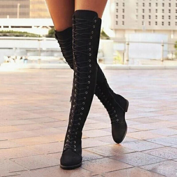 Women's Lace-up Over The Knee Boots Fabric Low Heel Boots