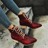 Women's Snake Printed Chunky Heel Leather Boots