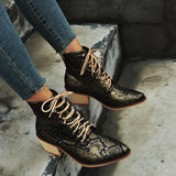 Women's Snake Printed Chunky Heel Leather Boots