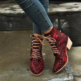 Women's Snake Printed Chunky Heel Leather Boots