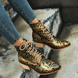 Women's Snake Printed Chunky Heel Leather Boots