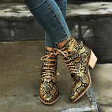 Women's Snake Printed Chunky Heel Leather Boots