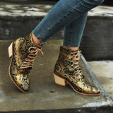 Women's Snake Printed Chunky Heel Leather Boots