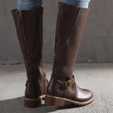 Women's Solid Color Zipper High Calf Low Heel Martin Boots