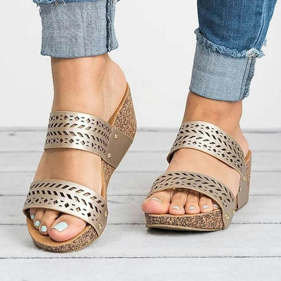 Hollow Cut Wedge Slippers Sandals