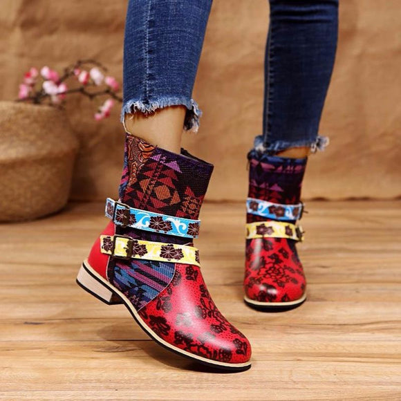 Side Zipper Patchwork Block Round Toe Buckle Ankle Boots