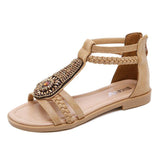 Women's Bohemian Retro Beaded Zipper Rhinestone Roman Flat Sandals