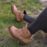 Women's Vintage Lace-up Leather Block Heel Boots