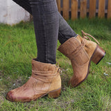 Women's Vintage Lace-up Leather Block Heel Boots