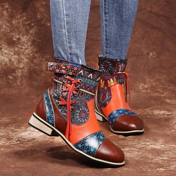 Patchwork Block Round Toe Side Zipper Ankle Boots