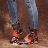 Patchwork Block Round Toe Side Zipper Ankle Boots