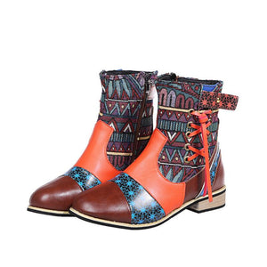 Patchwork Block Round Toe Side Zipper Ankle Boots
