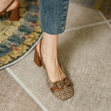 Retro Sandals Women Fashion Plaid Pattern Baotou Thick Heel