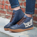 Lightweight Soft Cat Printing Lace Up Ankle Boots