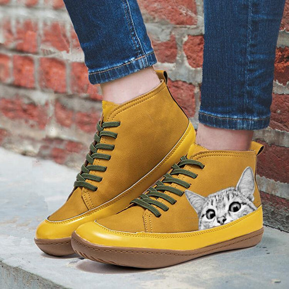 Lightweight Soft Cat Printing Lace Up Ankle Boots