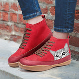 Lightweight Soft Cat Printing Lace Up Ankle Boots