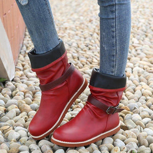 Women's Round Toe Solid Color Buckle Slid-on Boots