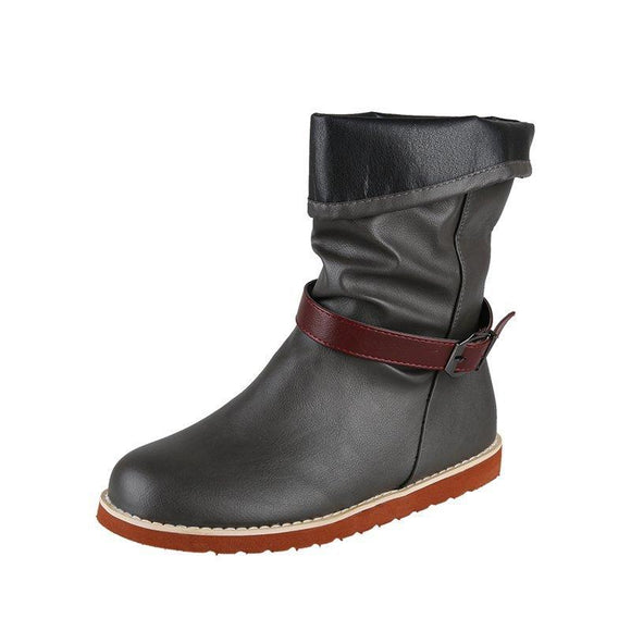 Women's Round Toe Solid Color Buckle Slid-on Boots